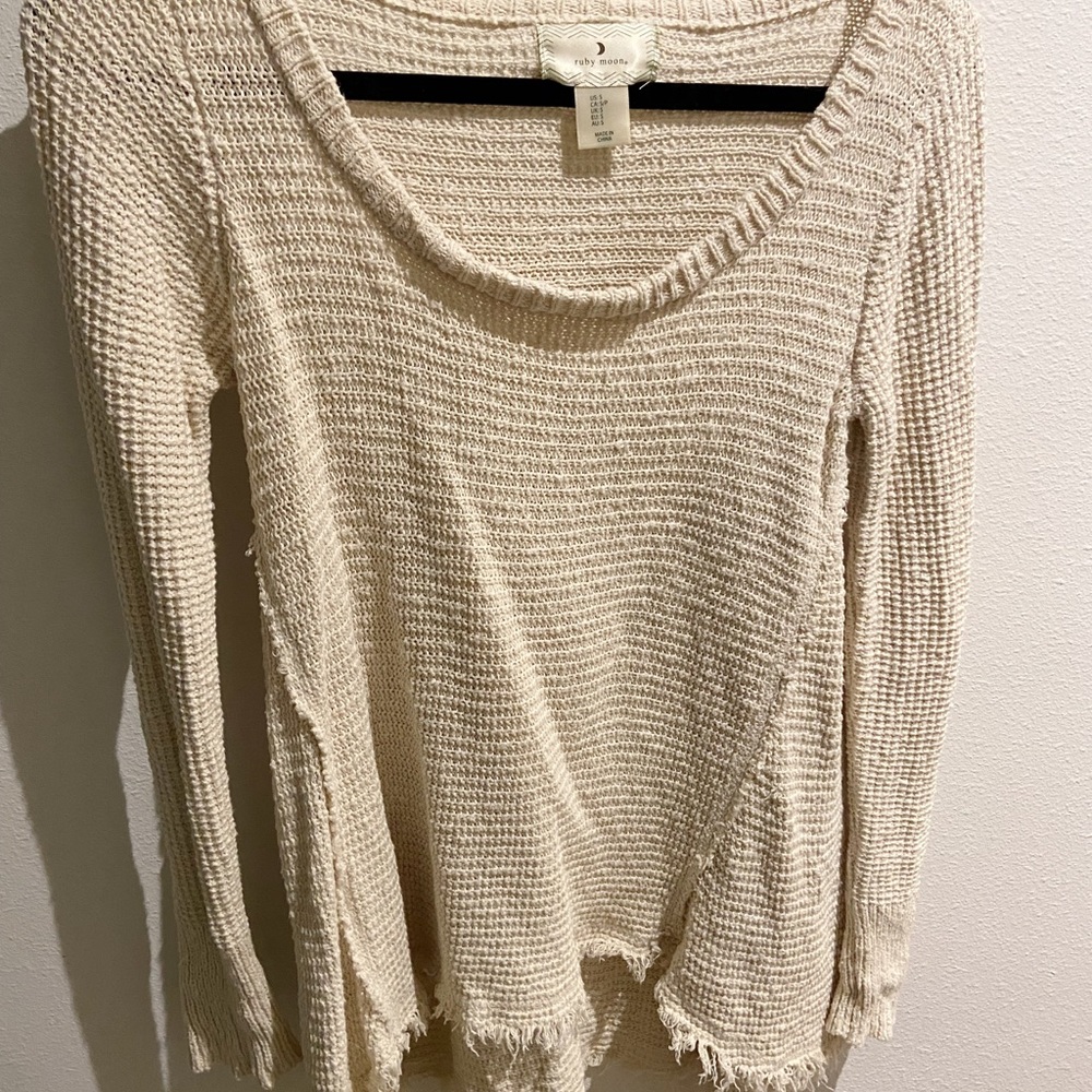 Ruby Moon Cream Frayed Waffle-knit Sweater, Size Small